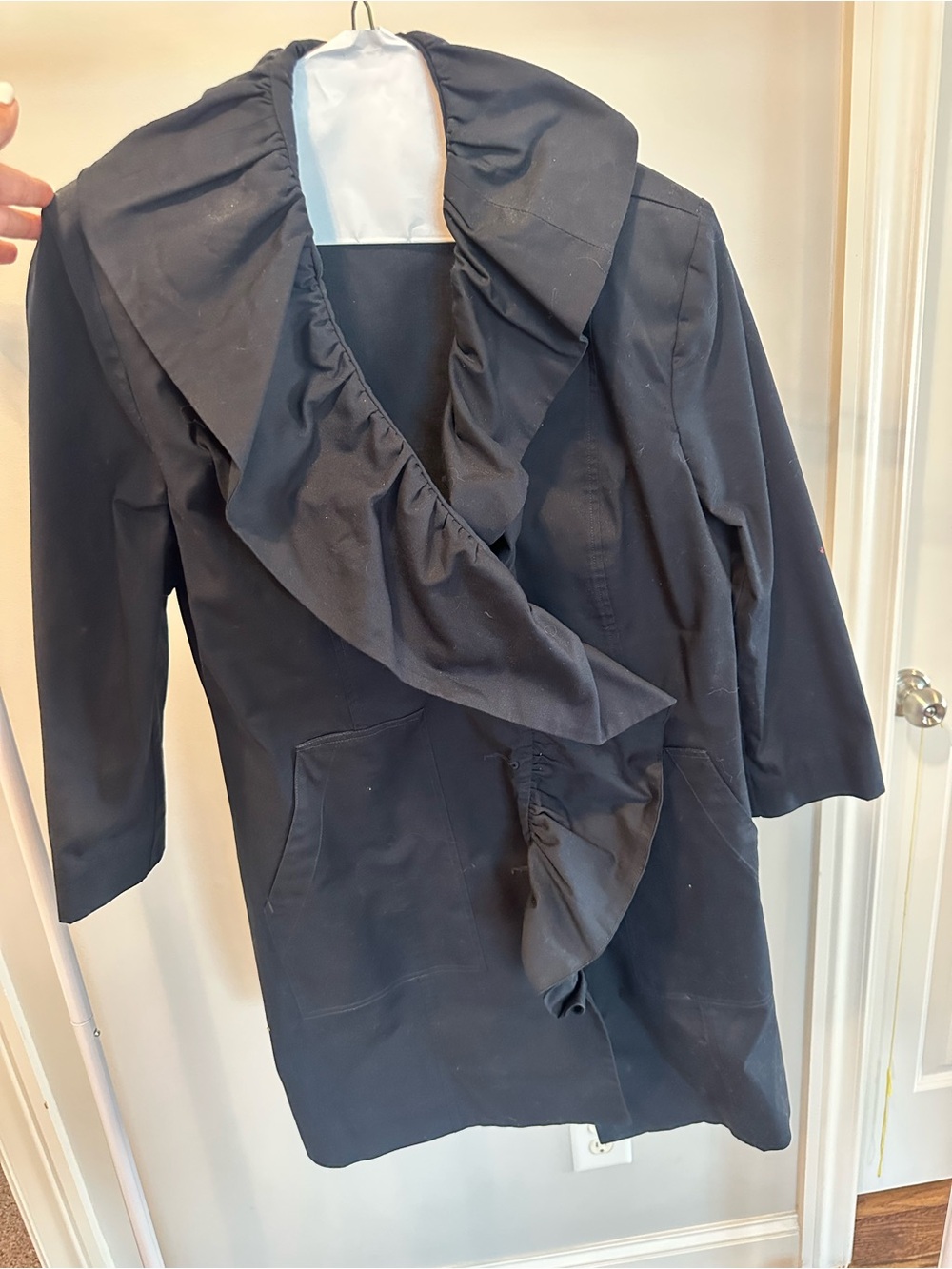 CAbi Black Ruffled Front hip length light weight jacket